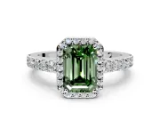 Halo Engagement Ring Setting for Fancy Green Emerald Cut Center with Full Pave Band and Prong Head in Sterling Silver