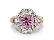 Large Accent Halo Engagement Ring Setting for Fancy Pink Round Cut Center with Pave Split Shank and Prong Head in Yellow Gold