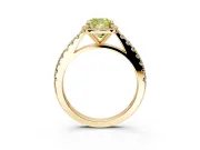 Halo Engagement Ring Setting for Fancy Yellow Cushion Cut Center with Full Pave Band and Prong Head in Yellow Gold