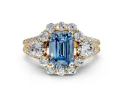 Halo Engagement Ring Setting for Fancy Blue Emerald Cut Center with Two-Strand Split Shank and Prong Head in Yellow Gold