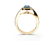 Bezel-Framed Halo Engagement Ring Setting for Fancy Blue Emerald Cut Center with Pave Band and Prong Head in Yellow Gold