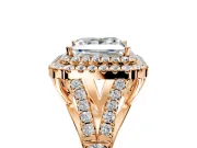 Double Halo Engagement Ring Setting for Princess Cut Center with Narrow Pave Split Shank and Prong Head in Rose Gold