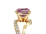Solitaire Engagement Ring Setting for Fancy Pink Asscher Cut Center with Pave Bypass Swirl Band and Prong Head in Yellow Gold