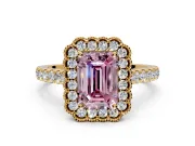 Milgrain Floral Halo Engagement Ring Setting for Fancy Pink Emerald Cut Center with Pave Band and Prong Head in Yellow Gold