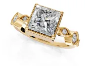 Vintage Station Engagement Ring Setting for Princess Cut Center with Accents and Prong Head in Yellow Gold