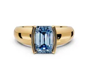 Tension Engagement Ring Setting for Fancy Blue Emerald Cut Center with Wide Flat Band and Tension Head in Yellow Gold