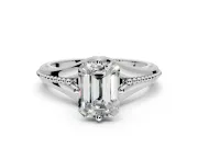Solitaire Engagement Ring Setting for Emerald Cut Center with Milgrain Cathedral Band and Prong Head in Platinum