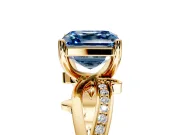 Solitaire Engagement Ring Setting for Fancy Blue Asscher Cut Center with Pave and Plain Crossover Band and Prong Head in Yellow Gold