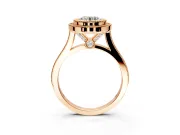 Halo Engagement Ring Setting for Round Cut Center with Milgrain Frame, Pave Band and Prong Head in Rose Gold