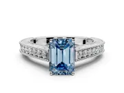 Solitaire Engagement Ring Setting for Fancy Blue Emerald Cut Center with Engraved Pave Band and Prong Head in Platinum
