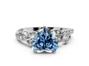 Leaf Motif Engagement Ring Setting for Fancy Blue Heart-Shaped Center with Pave Band and Prong Head in Sterling Silver