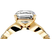 Solitaire Engagement Ring Setting for Asscher Cut Center with Carved Leaf Shoulders and Prong Head in Yellow Gold