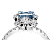 Halo Engagement Ring Setting for Fancy Blue Asscher Cut Center with Openwork Halo, Pave Band and Prong Head in Platinum