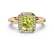 Halo Engagement Ring Setting for Fancy Yellow Radiant Cut Center with Tapered Plain Band and Prong Head in Yellow Gold