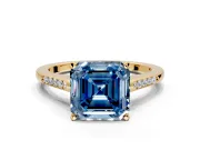 Solitaire Engagement Ring Setting for Fancy Blue Asscher Cut Center with Channel Accents and Prong Head in Yellow Gold