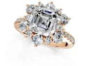 Floral Halo Engagement Ring Setting for Asscher Cut Center with Pave Accents and Prong Head in Rose Gold