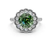 Milgrain Floral Halo Engagement Ring Setting for Fancy Green Round Cut Center with Pave Band and Prong Head in Platinum