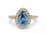 Halo Engagement Ring Setting for Fancy Blue Pear-Shaped Center with Narrowing Pave Band and Prong Head in Yellow Gold