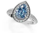 Milgrain Halo Engagement Ring Setting for Fancy Blue Pear-Shaped Center with Three-Sided Pave Band and Prong Head in Sterling Silver
