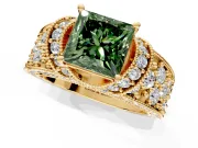 Pave Engagement Ring Setting for Fancy Green Princess Cut Center with Curved Accent Rows, Openwork and Prong Head in Yellow Gold