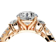 3 Stone Engagement Ring Setting for Round Cut Center with Pave Split Shank and Prong Head in Rose Gold