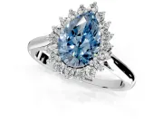Starburst Halo Engagement Ring Setting for Fancy Blue Pear-Shaped Center with Thin Round-Wire Band and Prong Head in Sterling Silver
