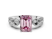 Leaf Engagement Ring Setting for Fancy Pink Emerald Cut Center with Milgrain Accent Band and Prong Head in Platinum