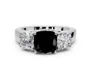 3 Stone Engagement Ring Setting for Fancy Black Cushion Cut Center with Raised Basket Heads and Prong Head in White Gold