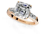 3 Stone Engagement Ring Setting for Asscher Cut Center with Tapered Baguettes, Plain Band and Prong Head in Rose Gold