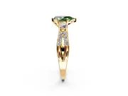 3 Stone Engagement Ring Setting for Fancy Green Pear-Shaped Center with Pave Split Shank and Prong Head in Yellow Gold