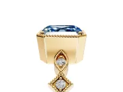 Milgrain Bezel Engagement Ring Setting for Fancy Blue Asscher Cut Center with Marquise Stations and Bezel Head in Yellow Gold