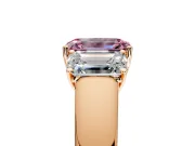 3 Stone Engagement Ring Setting for Fancy Pink Emerald Cut Center with Raised Basket Heads and Prong Head in Rose Gold