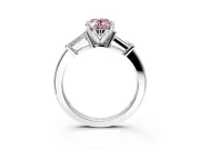3 Stone Engagement Ring Setting for Fancy Pink Oval Center with Channel Baguette Accents and Prong Head in Sterling Silver