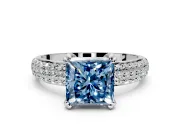 Solitaire Engagement Ring Setting for Fancy Blue Princess Cut Center with Multi-Row Pave Accents and Basket Head in Platinum