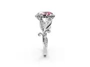 Halo Engagement Ring Setting for Fancy Pink Oval Center with Leaf Motif Split Shank and Prong Head in Sterling Silver