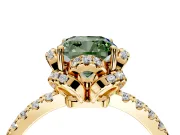 Halo Engagement Ring Setting for Fancy Green Cushion Cut Center with Openwork Halo, Pave Band and Prong Head in Yellow Gold