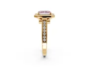 Halo Engagement Ring Setting for Fancy Pink Radiant Cut Center with Outer Bezel Rim, Pave Band and Prong Head in Yellow Gold