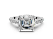 Cathedral Engagement Ring Setting for Asscher Cut Center with Antique-Style Pave Band and Prong Head in Sterling Silver