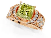 Pave Engagement Ring Setting for Fancy Yellow Princess Cut Center with Curved Accent Rows, Openwork and Prong Head in Rose Gold