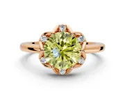 Floral Frame Engagement Ring Setting for Fancy Yellow Round Cut Center with Accent Clusters and Prong Head in Rose Gold