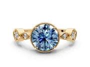 Vintage Station Engagement Ring Setting for Fancy Blue Round Cut Center with Accents and Prong Head in Yellow Gold