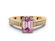 Solitaire Engagement Ring Setting for Fancy Pink Emerald Cut Center with Engraved Pave Band and Prong Head in Yellow Gold