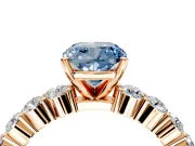 Shared-Prong Engagement Ring Setting for Fancy Blue Cushion Cut Center with Graduated Accents and Prong Head in Rose Gold
