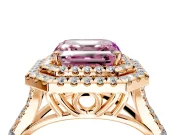 Double Halo Engagement Ring Setting for Fancy Pink Asscher Cut Center with Narrow Pave Split Shank and Prong Head in Rose Gold