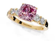 5 Stone Engagement Ring Setting for Fancy Pink Cushion Cut Center with Plain Band and Prong Head in Yellow Gold