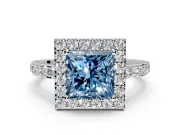Halo Engagement Ring Setting for Fancy Blue Princess Cut Center with Heart-Shaped Openwork, Pave Band and Prong Head in White Gold