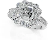 Halo Engagement Ring Setting for Asscher Cut Center with Milgrain Channel Band and Prong Head in Platinum