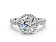 Halo Engagement Ring Setting for Round Cut Center with Full Pave Band and Prong Head in Platinum