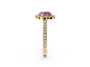 Pave Halo Engagement Ring Setting for Fancy Pink Round Cut Center with Single Row Pave Band and Prong Head in Yellow Gold