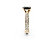 Solitaire Engagement Ring Setting for Emerald Cut Center with Domed Multi-Row Pave Band and Prong Head in Yellow Gold